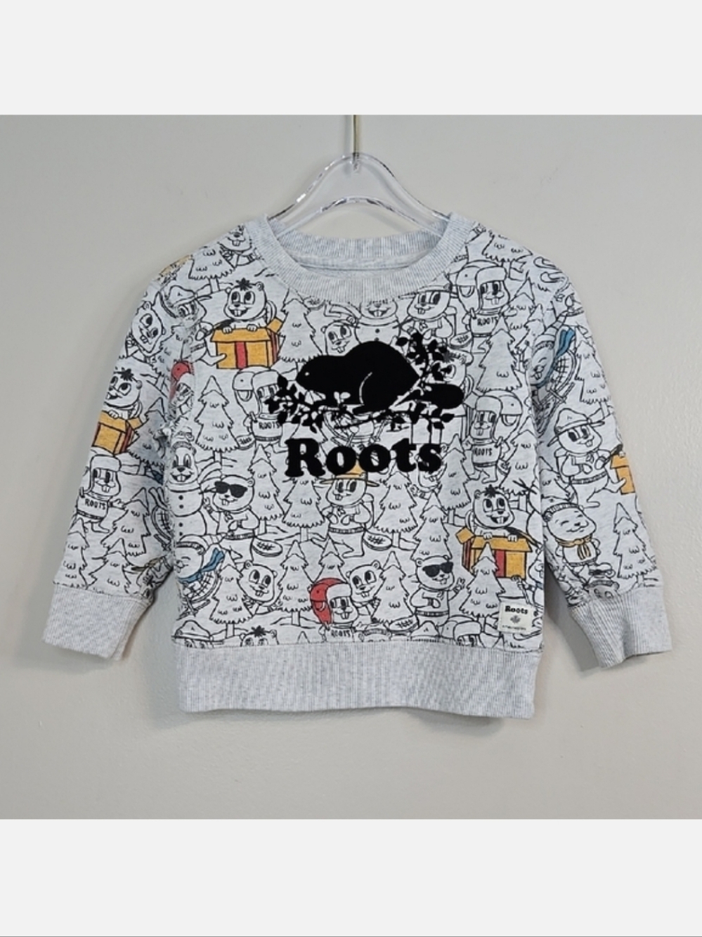 🇨🇦 Roots Kids Gray Cartoon Beaver Winter Sweatshirt, Size T3 ~ EUC